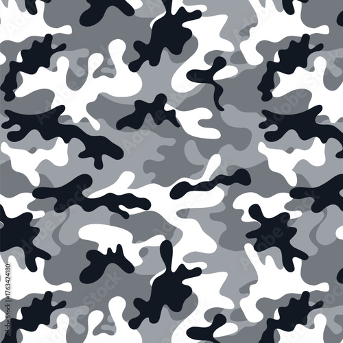 Camouflage Seamless Pattern. Black, Gray, and White. 4th of July, USA Independence day, Americana Backdrop. Vector Template For Fabric, Textile, Wallpaper, Wrapping Paper