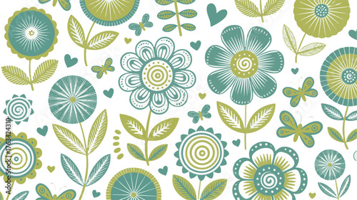 Whimsical Folk Art Style Floral and Butterfly Pattern in Teal and Green seamless flowers