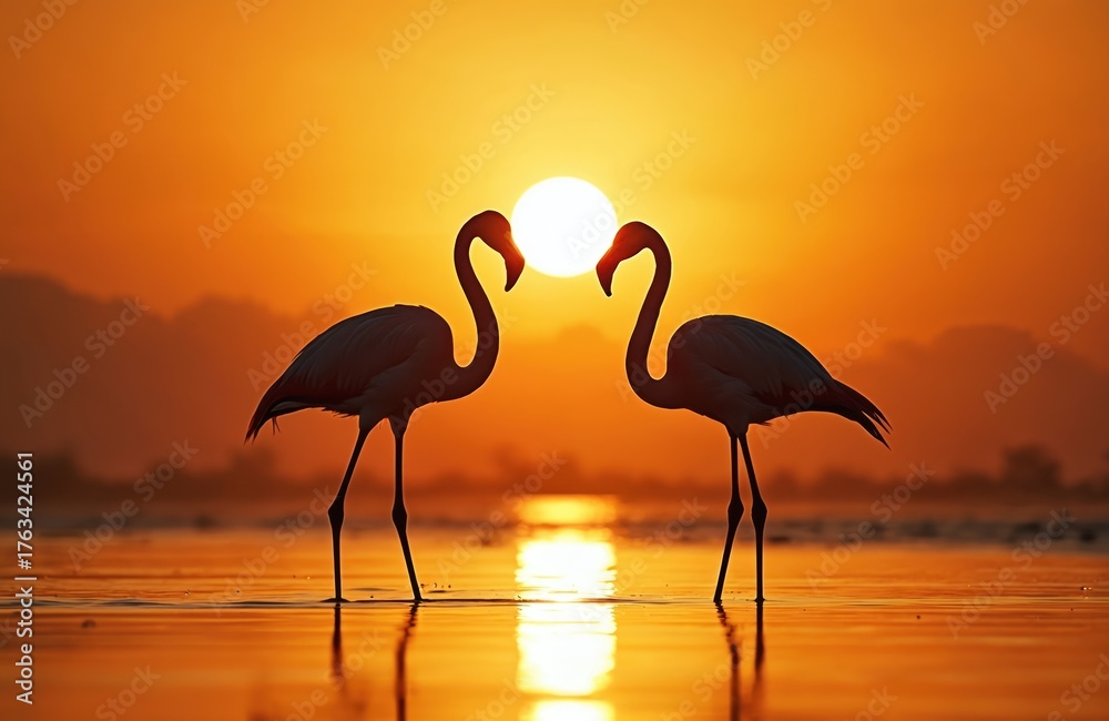 Naklejka premium Two flamingos stand in shallow water at sunset. The bright sun creates a silhouette effect with golden orange sky and reflections on the calm water.
