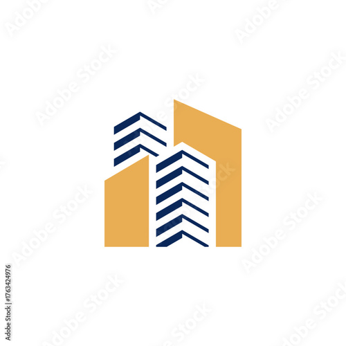 Bild auf Leinwand A modern, minimalist logo featuring three stylized skyscrapers in blue and gold, representing real estate and urban architecture
