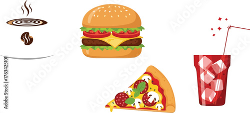 Delicious fast food meal featuring burger pizza coffee and soda on a light background