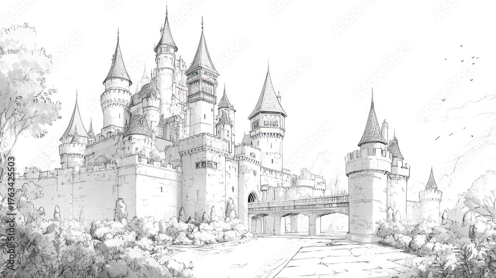 Naklejka premium Elaborate pencil sketch of a grand, multi-turreted castle with a stone bridge