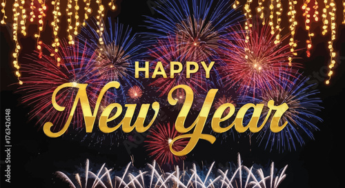 Happy new year celebration with golden text and colorful fireworks display