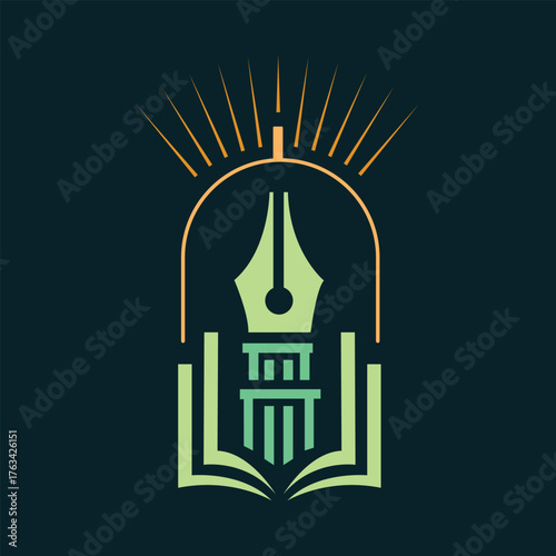 University library and writing crest – fountain pen nib with open book under arch