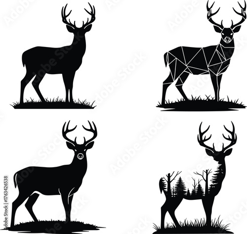 Deer silhouette, abstract deer, forest animal, geometric wildlife, nature art, polygon deer, double exposure, standing deer, vector illustration, black silhouette