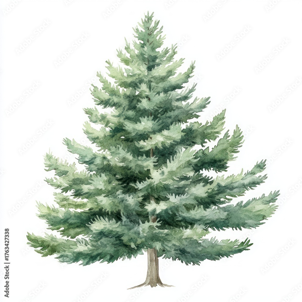 Fototapeta premium Green Cedar tree illustration watercolor pine.