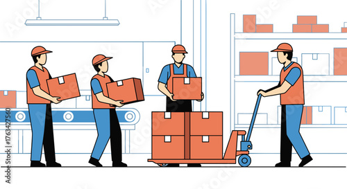 Warehouse workers transporting boxes and using a hand truck indoors  
