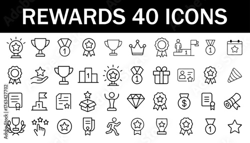 Reward set of web icons in line style. A collection of linear icons representing various reward concepts, including gift, trophy, recognition, reward program, medal, bonus, and more. Editable stroke.
