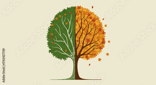 Half green tree and half autumn tree with falling leaves  