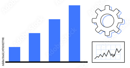 Blue bar graph alongside rising trendline chart and gear icon represent progress, data analysis, and system optimization. Ideal for business growth, strategy, operations, technology, productivity