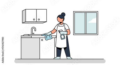 Woman cleaning kitchen counter with cloth and spray bottle indoors  