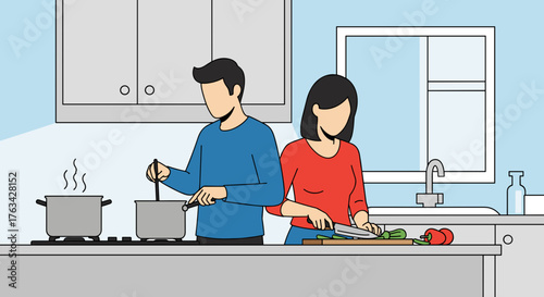 Couple cooking together in a modern kitchen with vegetables  