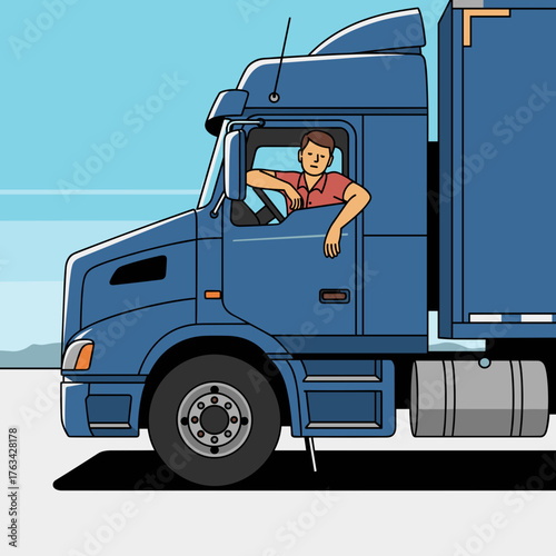 Truck driver looking out from blue delivery truck on highway  