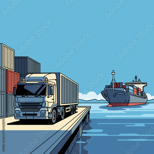 Truck unloading cargo containers at harbor with ship in background  