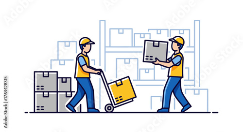 Warehouse workers transporting boxes with hand truck in storage area  