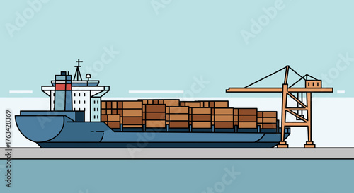 Container ship docked at port for loading cargo with crane  