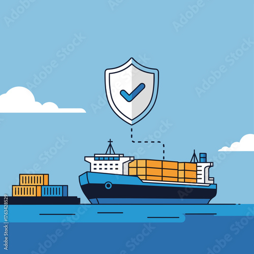 A cargo ship carrying containers with a cargo insurance symbol on a blue background