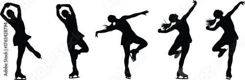 Figure skating silhouette, ice skater pose, winter sport elegance, athletic movement, graceful balance, black silhouette, dynamic action, frozen performance