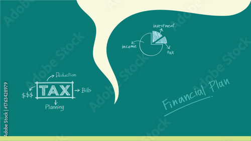 Tax and investment financial plan illustration. Modern vector design with hand-drawn elements, pie chart, money, and planning arrows. Perfect for finance, accounting, business