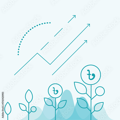 Financial growth line art vector illustration. Modern design with upward arrows, plants, and currency symbols. Perfect for business, investment, banking, economy