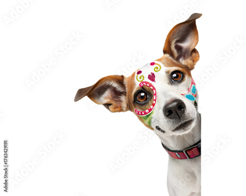 Colorful Sugar Skull Dog Peeking from Corner with Floral Decorations on transparent Background