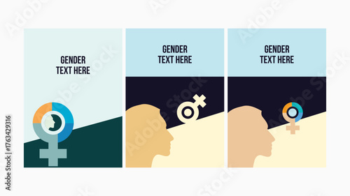 Gender equality editorial card set vector illustration. Modern design with profile silhouettes and gender symbols, perfect for social awareness, diversity, inclusion, editorial, posters, infographics