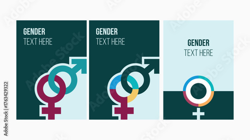 Gender equality editorial card set vector illustration. Modern design with profile silhouettes and gender symbols, perfect for social awareness, diversity, inclusion, editorial, posters, infographics