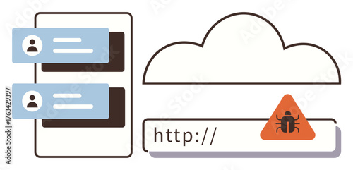 Cloud outline connecting with a communication interface, web URL bar featuring malware alert triangle icon. Ideal for cybersecurity, data safety, network vulnerabilities, phishing risk, privacy