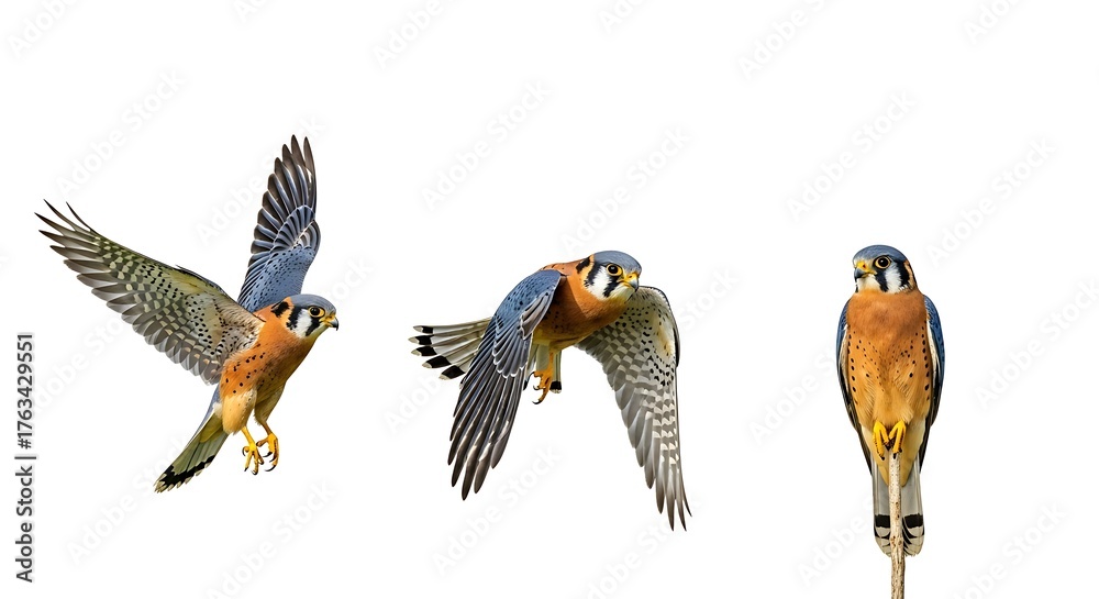 Obraz premium American Kestrel Trio - Birds in Flight and Perched on a Branch.