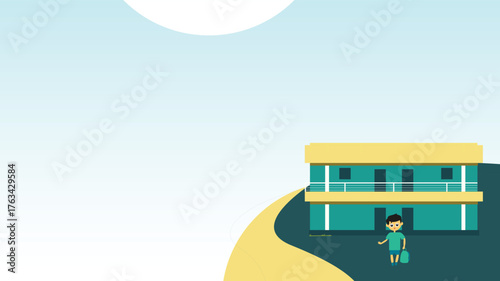 School building with student vector illustration. Modern design with child, backpack, and sunny path. Perfect for education, learning, academic, classroom, web, app, posters
