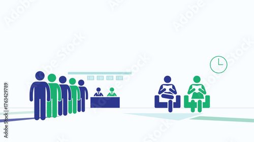 People queue at service counter – waiting room and reception desk flat vector