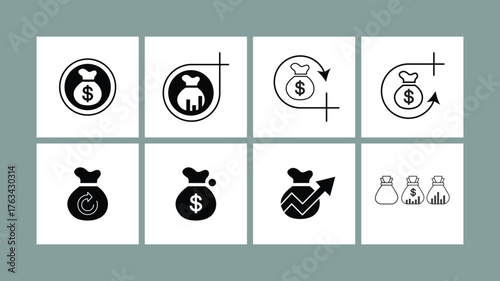 Money bag finance icon set vector illustration. Modern black and white icons for banking, investment, profit, savings, business, and financial growth. Perfect for web, app, accounting, infographics