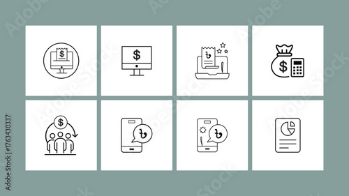Online payment and finance icon set vector illustration. Modern black and white icons for digital transactions, bills, receipts, banking, business, and accounting
