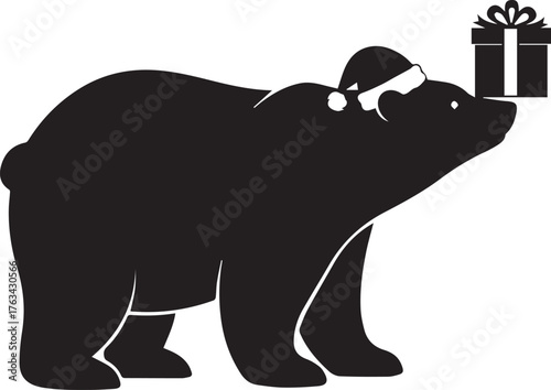 Festive Bear Silhouette Balancing a Gift Box A charming illustration featuring a bear wearing a Santa hat, embodying holiday cheer and winter celebrations