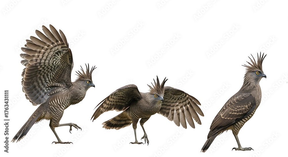 Fototapeta premium Three Grey Go-away Birds in Different Poses Isolated on White Background.