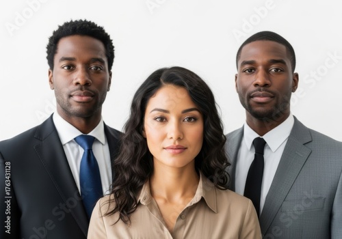 Three professional business people standing together confidently isolated on white background