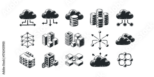 Data cloud storage and network icons with servers
