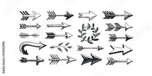 Collection of diverse hand drawn arrows and laurel wreath