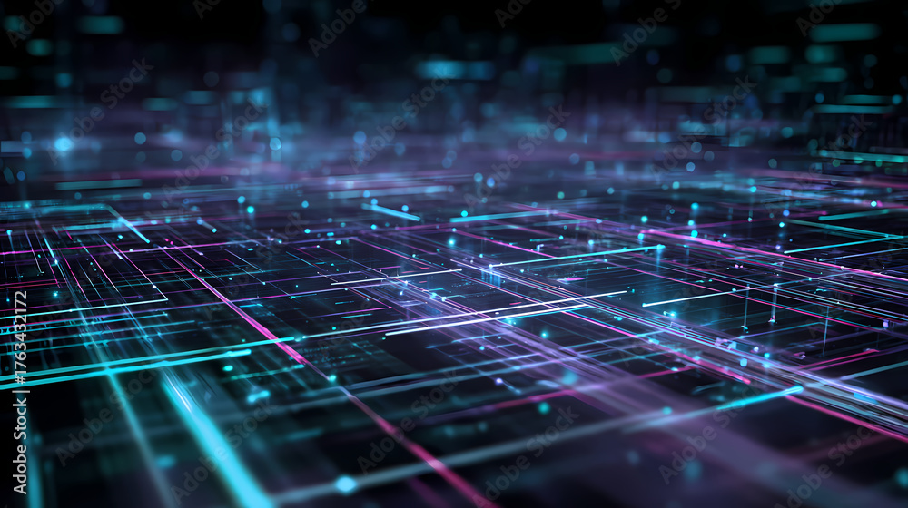 Fototapeta premium A digital network of interconnected data points, with lines of light creating a futuristic landscape. The image features a complex web of connections, suggesting the vastness of the digital world