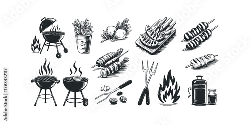 Barbecue grill with skewers, food, herbs, and fire