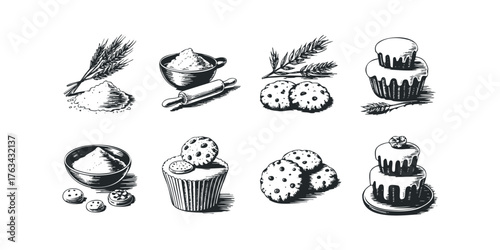 Baking ingredients and sweets with wheat stalks