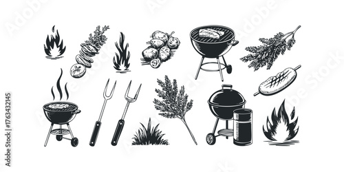 Collection of barbecue equipment and food illustrations