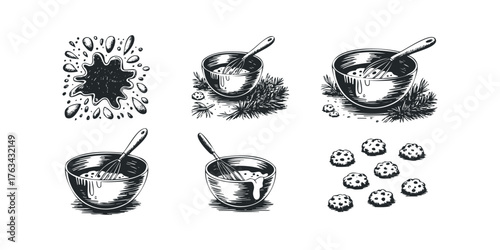 Baking preparation with whisk and bowls with cookies