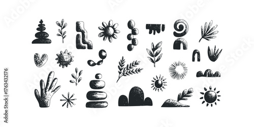 Collection of Abstract Black Hand Drawn Organic Shapes and Botanical Elements