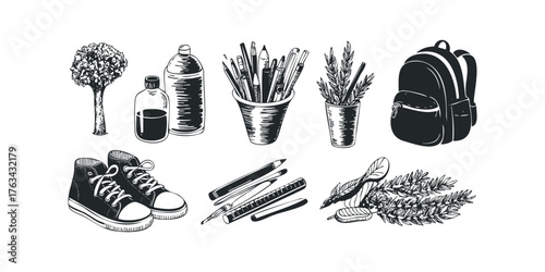 Sketch of school supplies and footwear