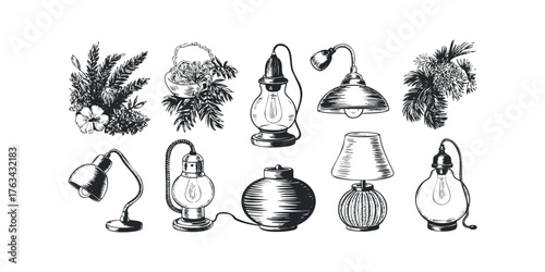 Collection of hand-drawn lamps and floral elements