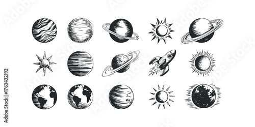 Collection of hand-drawn celestial bodies and rocket