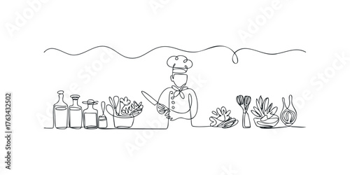 Chef preparing food with kitchen ingredients and utensils