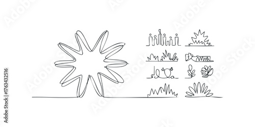 Simple line drawings of nature elements and speech bubble