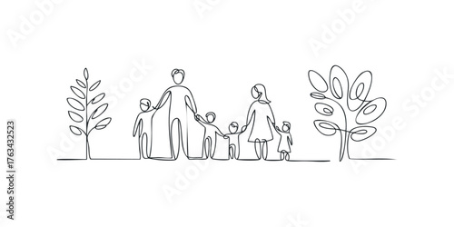 Family holding hands walking together with trees
